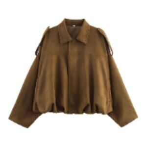 Faux Suede Bomber Jacket Oversized Lapel Pilot Coat Casual Streetwear